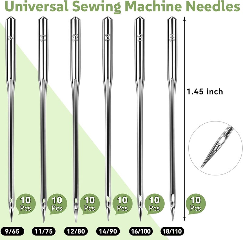 AUGHOA 60 Pcs Universal Sewing Machine Needles, Size 65/9, 75/11, 80/12, 90/14, 100/16 and Heavy Duty 110/18, Ideal for Jeans, Canvas, Leather, Thick Fabric - Image 2